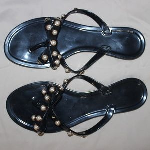 8 Black Jelly Sandals with Faux Pearls